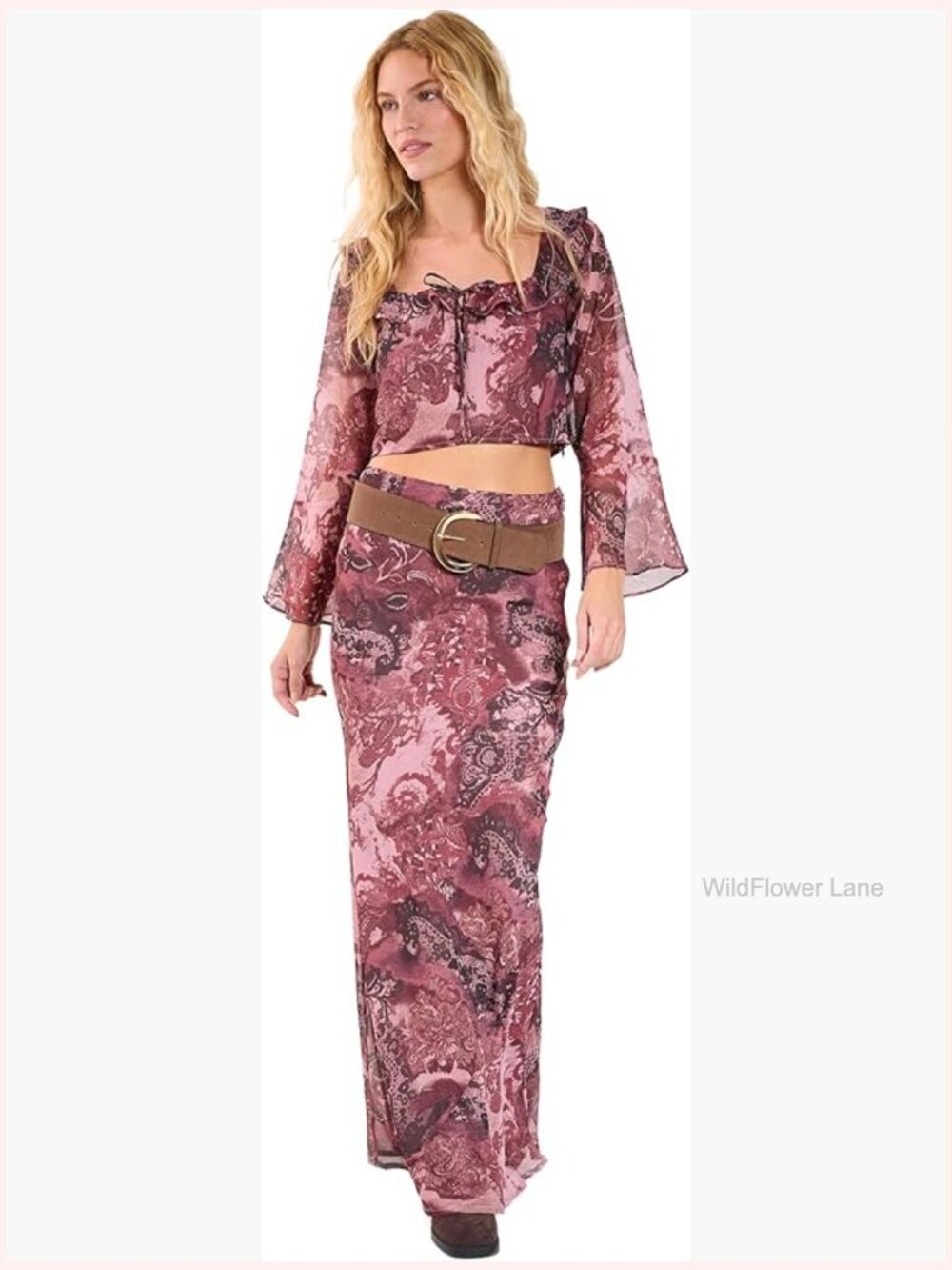 Paisley Ruffle Fluted Sleeve Chiffon Crop Top Square Neck Long Sleeve Blouse